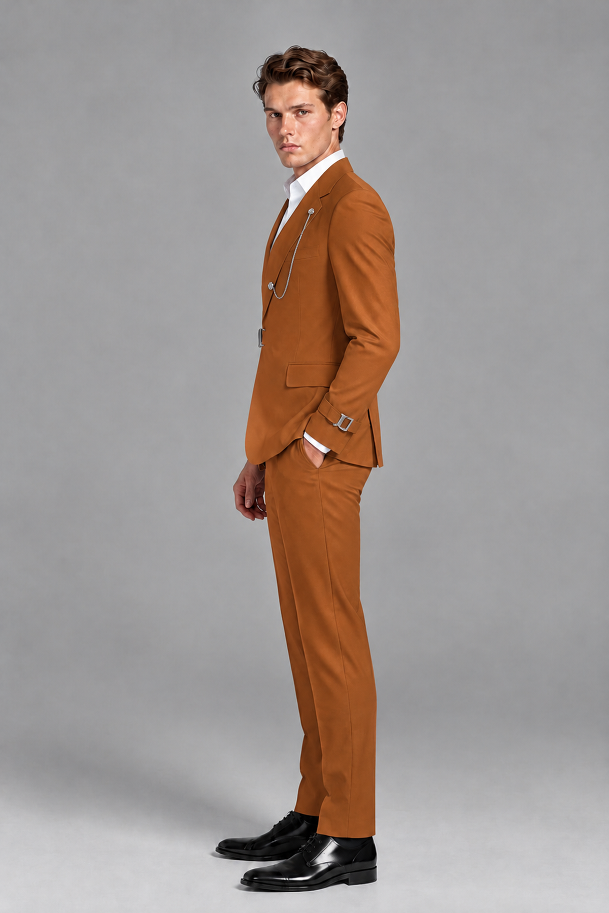 Savile Men's Burnt Orange Buckle-Closure 2-Piece Suit Set | Peak Lapel Blazer & Trousers - Burnt Orange