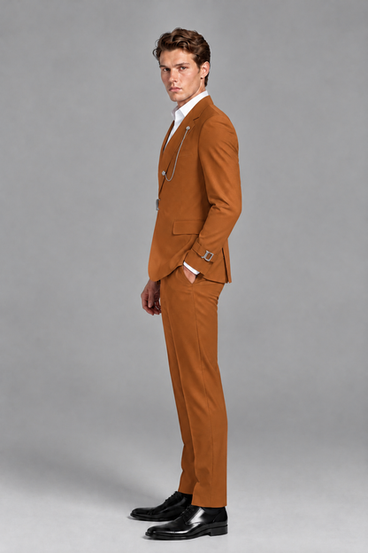 Savile Men's Burnt Orange Buckle-Closure 2-Piece Suit Set | Peak Lapel Blazer & Trousers - Burnt Orange