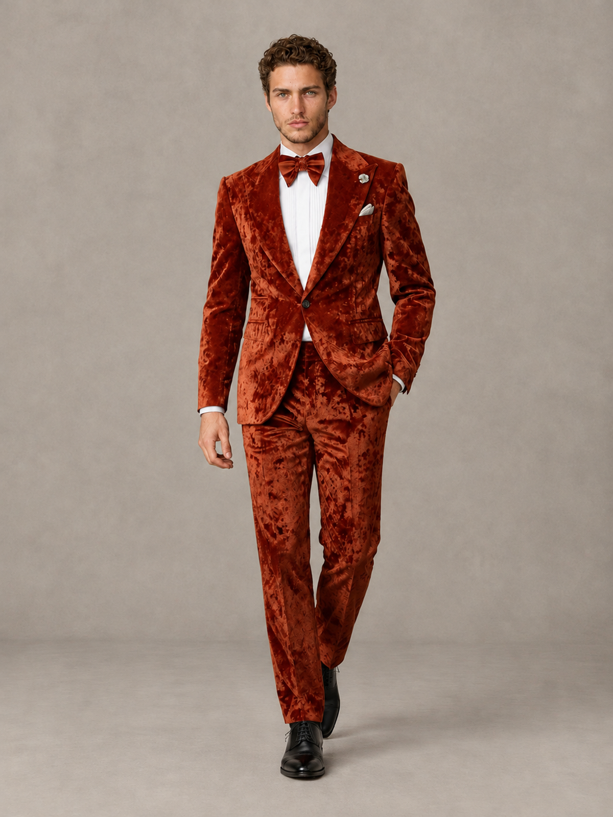 Savile Men's Burnt Orange Crushed Velvet Peak Lapel 2-Piece Suit Set | Jacket & Trousers - Burnt Orange - Burnt Orange (4)
