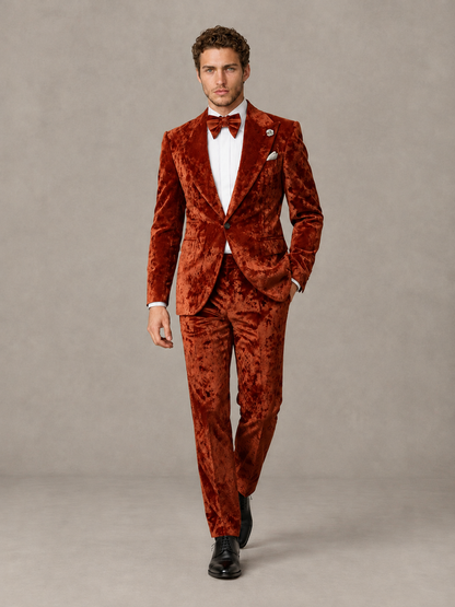 Savile Men's Burnt Orange Crushed Velvet Peak Lapel 2-Piece Suit Set | Jacket & Trousers - Burnt Orange - Burnt Orange (4)
