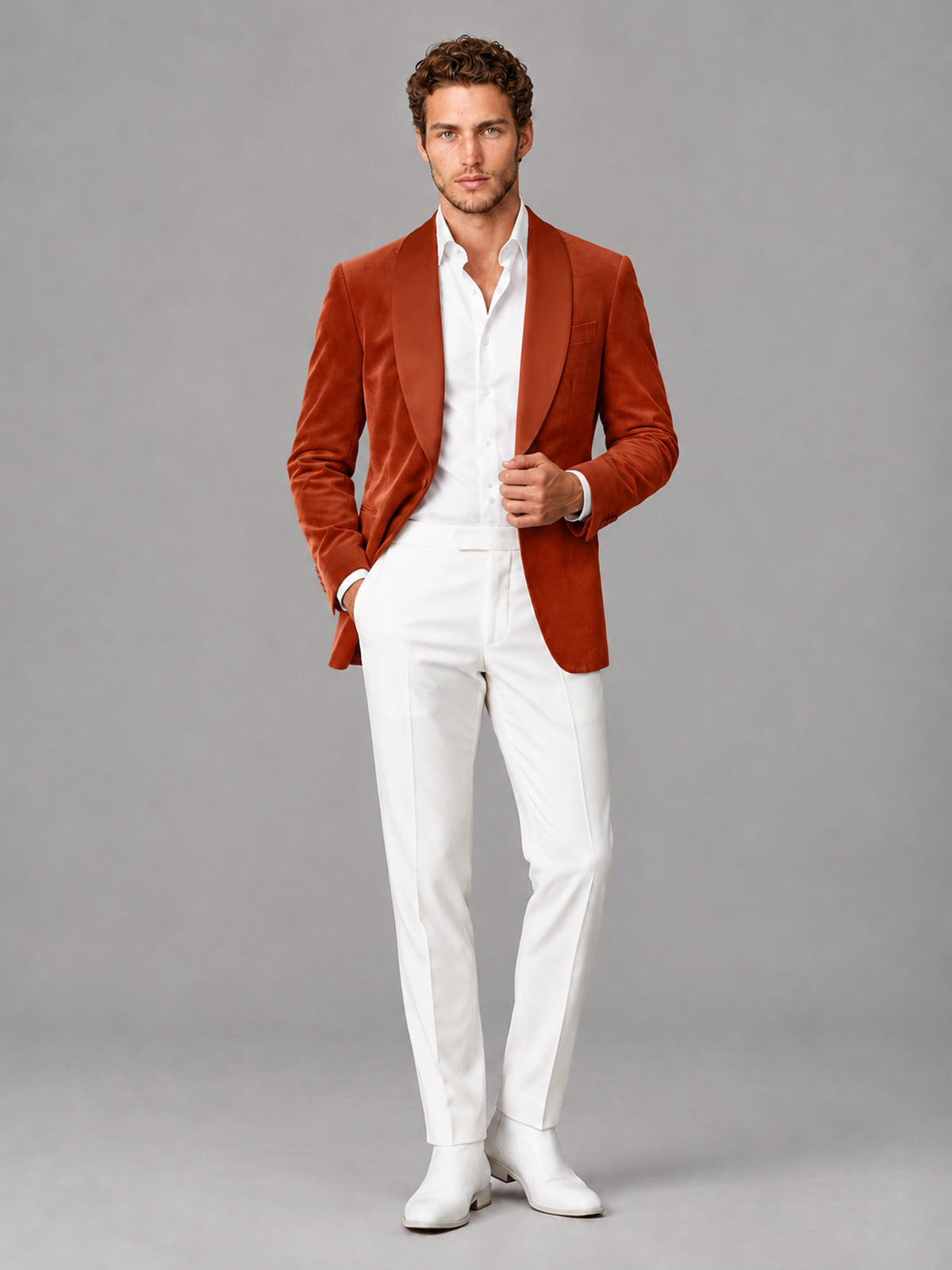 Savile Men's Burnt Orange Velvet Shawl Lapel 2-Piece Tuxedo Suit Set | Jacket & White Trousers - Burnt Orange - Burnt Orange (4)