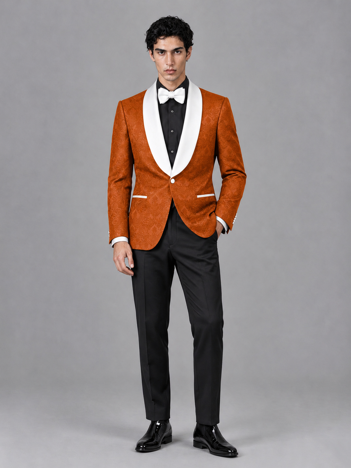 Savile Men's Burnt Orange Jacquard White Shawl Lapel 2-Piece Tuxedo Suit Set | Jacket & Trousers - Burnt Orange - Burnt Orange (4)