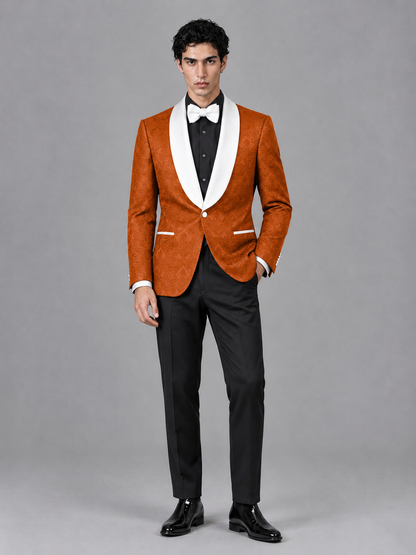 Savile Men's Burnt Orange Jacquard White Shawl Lapel 2-Piece Tuxedo Suit Set | Jacket & Trousers - Burnt Orange - Burnt Orange (4)