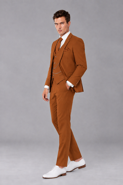 Savile Burnt Orange 3-Piece Suit with Notch Lapel & Chain Vest - Burnt Orange