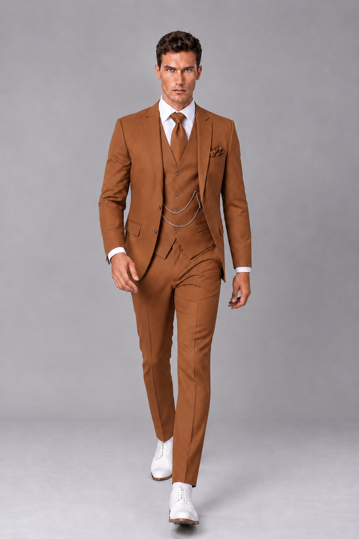 Savile Burnt Orange 3-Piece Suit with Notch Lapel & Chain Vest - Burnt Orange