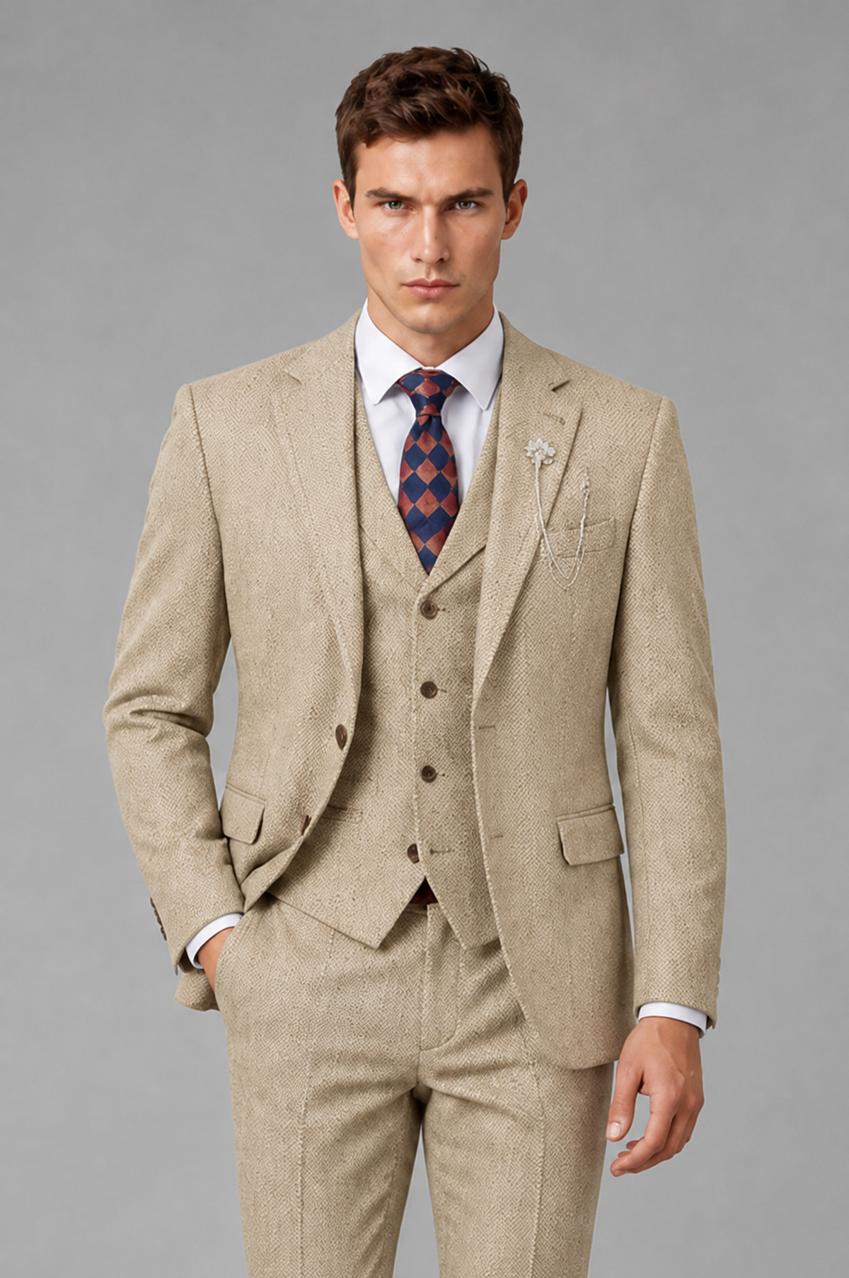 Savile Men's Grey Notch Lapel 3-Piece Suit Set | Jacket, Vest & Trousers - Champagne - Champagne