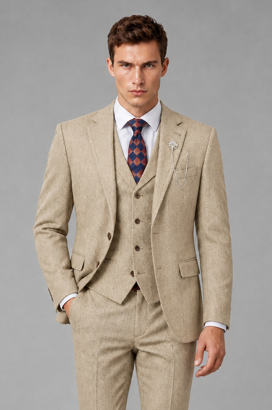 Savile Men's Grey Notch Lapel 3-Piece Suit Set | Jacket, Vest & Trousers - Champagne - Champagne