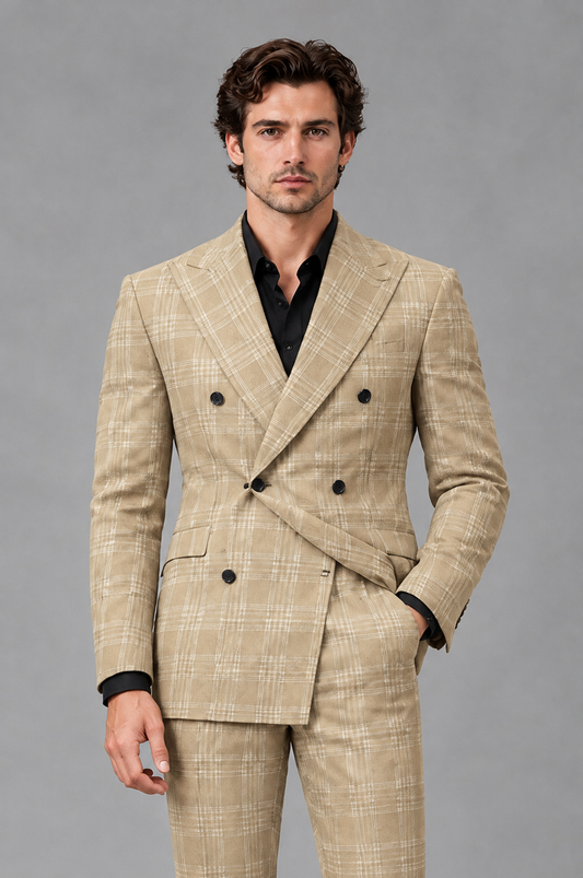Savile Men's Rust Plaid 2-Piece Double-Breasted Suit – Peak Lapel Slim-Fit Jacket & Trousers Set - Champagne - Champagne