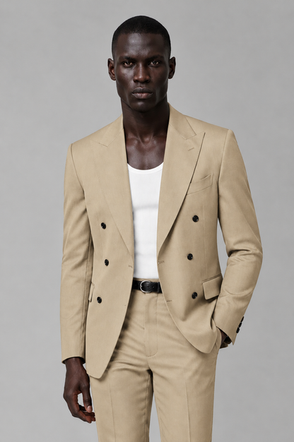 Savile Men's Champagne Double Breasted Slim Fit 2-Piece Suit Set – Blazer & Trousers | Wedding Gala Formal - Champagne - Champagne_01