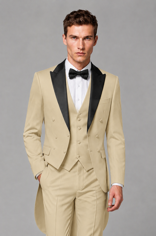 Savile Champagne 3-Piece Tailcoat Tuxedo Suit with Black Peak Lapel - Champagne - Champagne_01