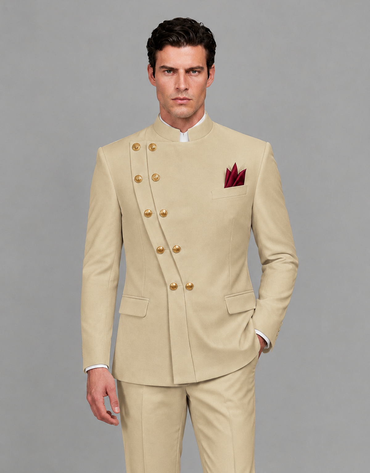 BOLODOO Men's Champagne Asymmetrical Mandarin Collar Tuxedo Suit – Modern 2-Piece Gold Button Wedding, Prom & Gala Set - Champagne - Champagne_01