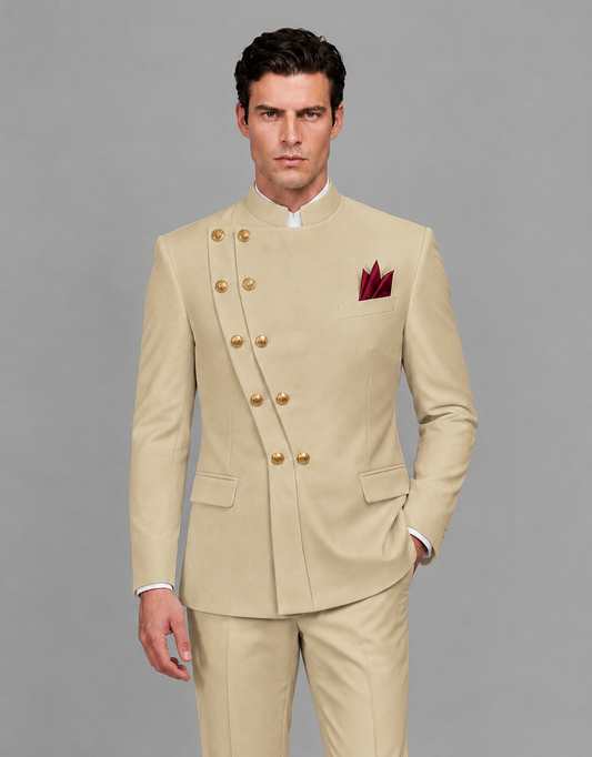 BOLODOO Men's Champagne Asymmetrical Mandarin Collar Tuxedo Suit – Modern 2-Piece Gold Button Wedding, Prom & Gala Set - Champagne - Champagne_01