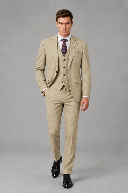Savile Men's Grey Notch Lapel 3-Piece Suit Set | Jacket, Vest & Trousers - Champagne - Champagne