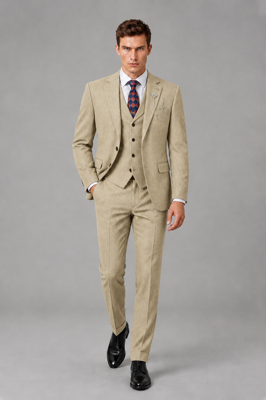 Savile Men's Grey Notch Lapel 3-Piece Suit Set | Jacket, Vest & Trousers - Champagne - Champagne