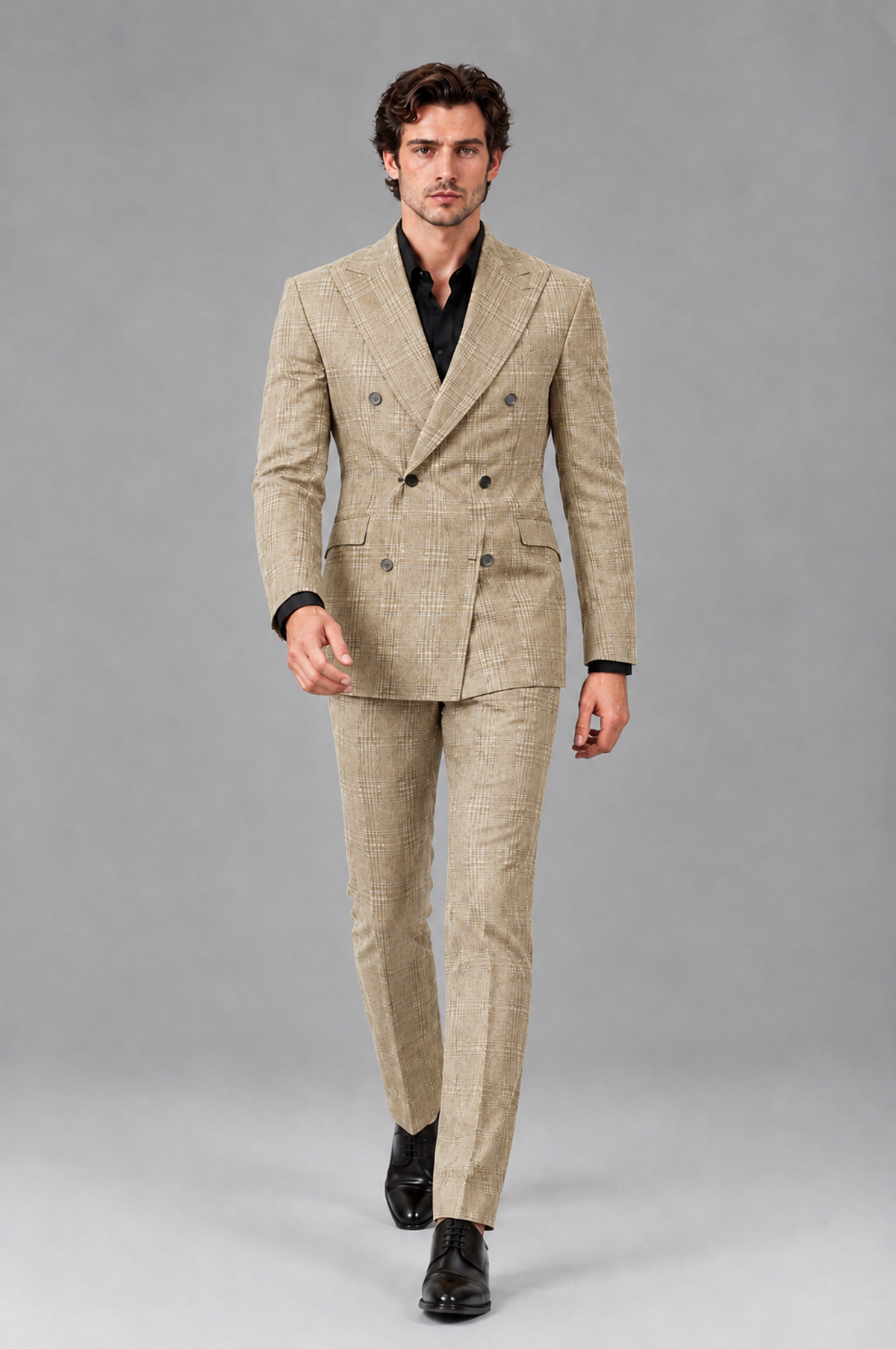 Savile Men's Rust Plaid 2-Piece Double-Breasted Suit – Peak Lapel Slim-Fit Jacket & Trousers Set - Champagne - Champagne