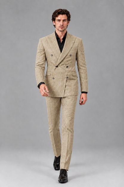Savile Men's Rust Plaid 2-Piece Double-Breasted Suit – Peak Lapel Slim-Fit Jacket & Trousers Set - Champagne - Champagne