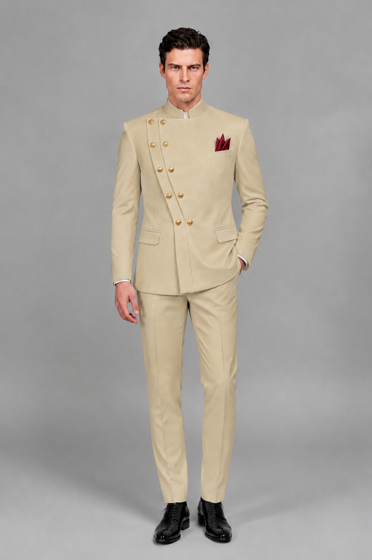 BOLODOO Men's Champagne Asymmetrical Mandarin Collar Tuxedo Suit – Modern 2-Piece Gold Button Wedding, Prom & Gala Set - Champagne - Champagne_02