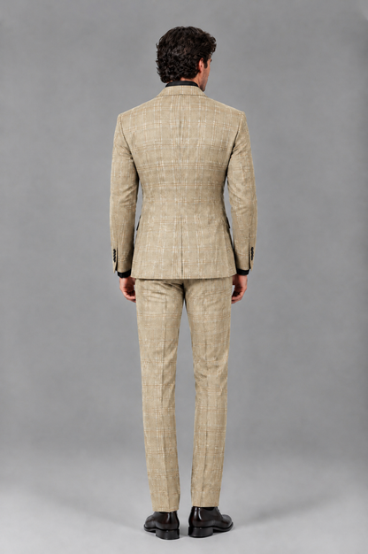 Savile Men's Rust Plaid 2-Piece Double-Breasted Suit – Peak Lapel Slim-Fit Jacket & Trousers Set - Champagne - Champagne