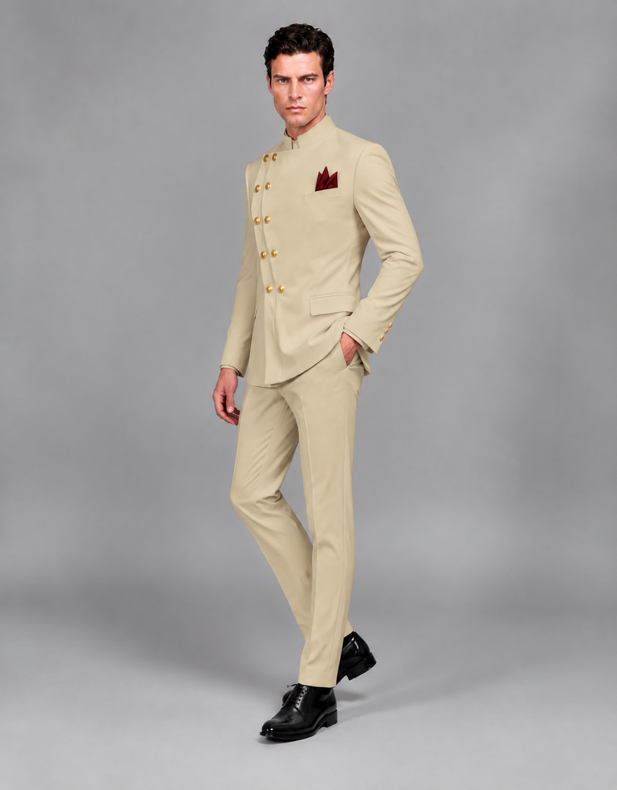 BOLODOO Men's Champagne Asymmetrical Mandarin Collar Tuxedo Suit – Modern 2-Piece Gold Button Wedding, Prom & Gala Set - Champagne - Champagne_04