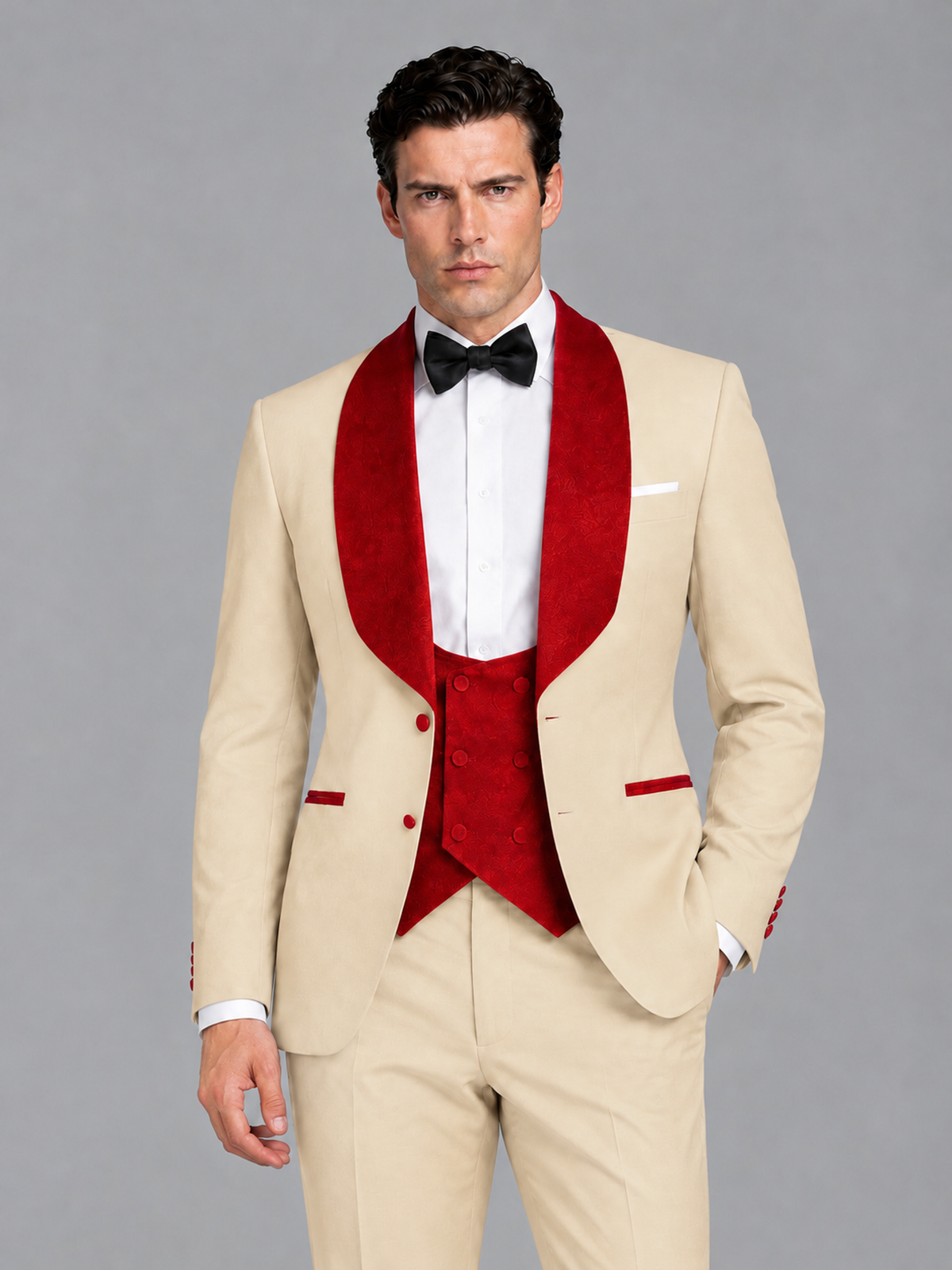 Savile Men's Champagne 3-Piece Tuxedo Suit Set – Contrast Red Shawl Lapel Blazer, Red Waistcoat & Trousers - SUC020 - Champagne