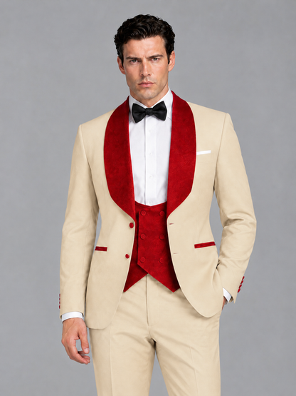 Savile Men's Champagne 3-Piece Tuxedo Suit Set – Contrast Red Shawl Lapel Blazer, Red Waistcoat & Trousers - SUC020 - Champagne