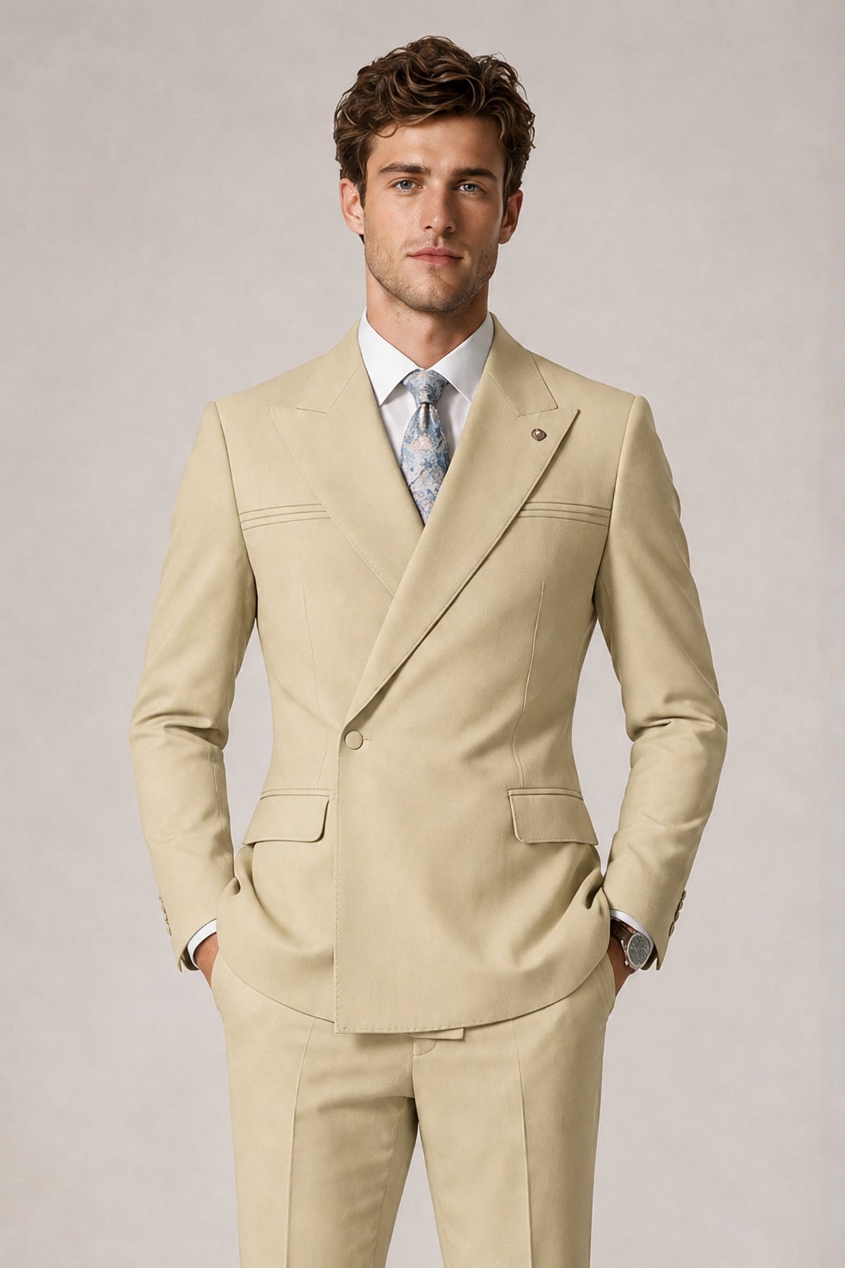 Savile Men's Champagne Double-Breasted Slim Fit 2-Piece Suit Set – Peak Lapel Blazer & Cuffed Trousers | Wedding Prom Formal - Champagne