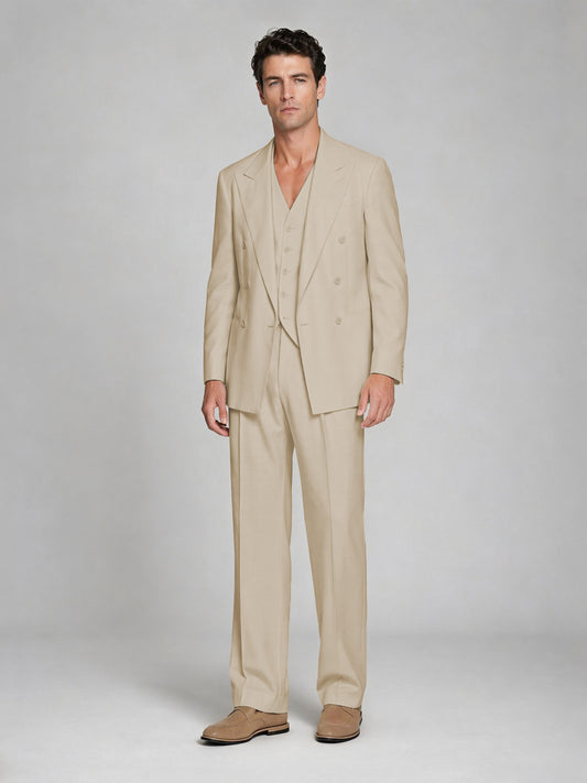 Men's Champagne Double-Breasted 2-Piece Suit – Peak Lapel Wedding & Beach Formal Set with Vest - Champagne
