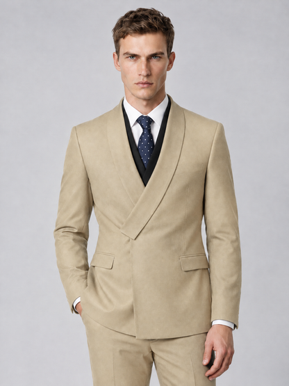 Savile Men's Champagne Wrap Shawl Lapel 2-Piece Suit Set – Modern Jacket & Trousers - Champagne - Champagne_1