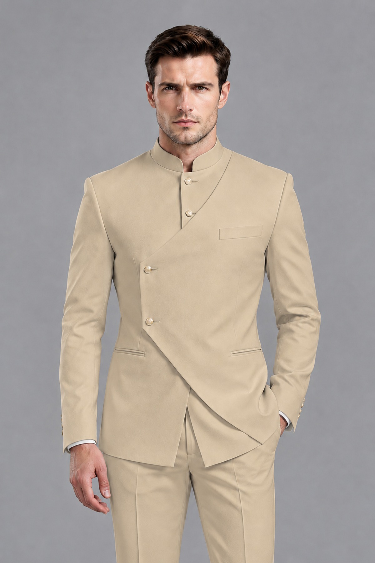 Savile Men's Champagne Asymmetrical Mandarin Collar Tuxedo Suit – Modern 2-Piece Gold Button Wedding, Prom & Gala Set - Champagne - Champagne_1