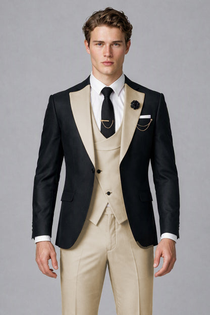 Savile Men's Black & Champagne Three-Piece Wedding Suit - Champagne