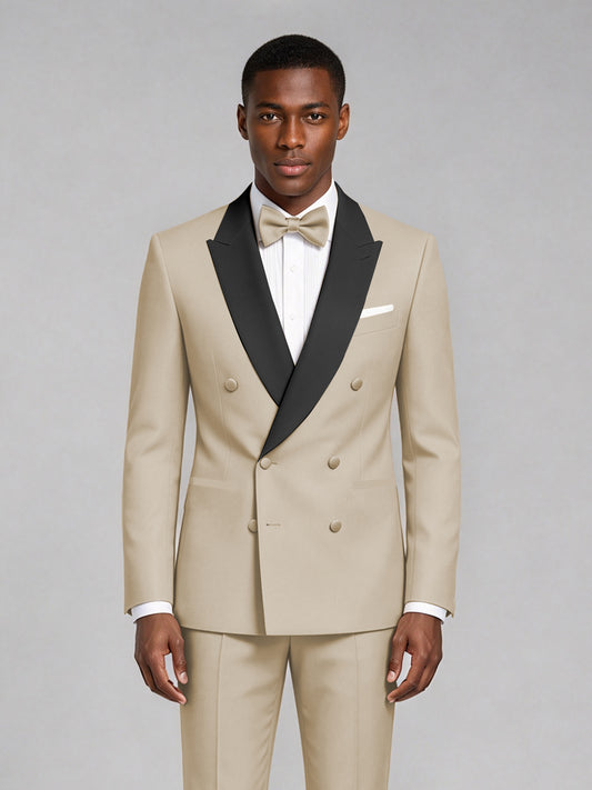 Men's Champagne Double-Breasted Tuxedo Suit – Satin Shawl Lapel Champagne-Tie Wedding & Gala 2-Piece Set - Champagne