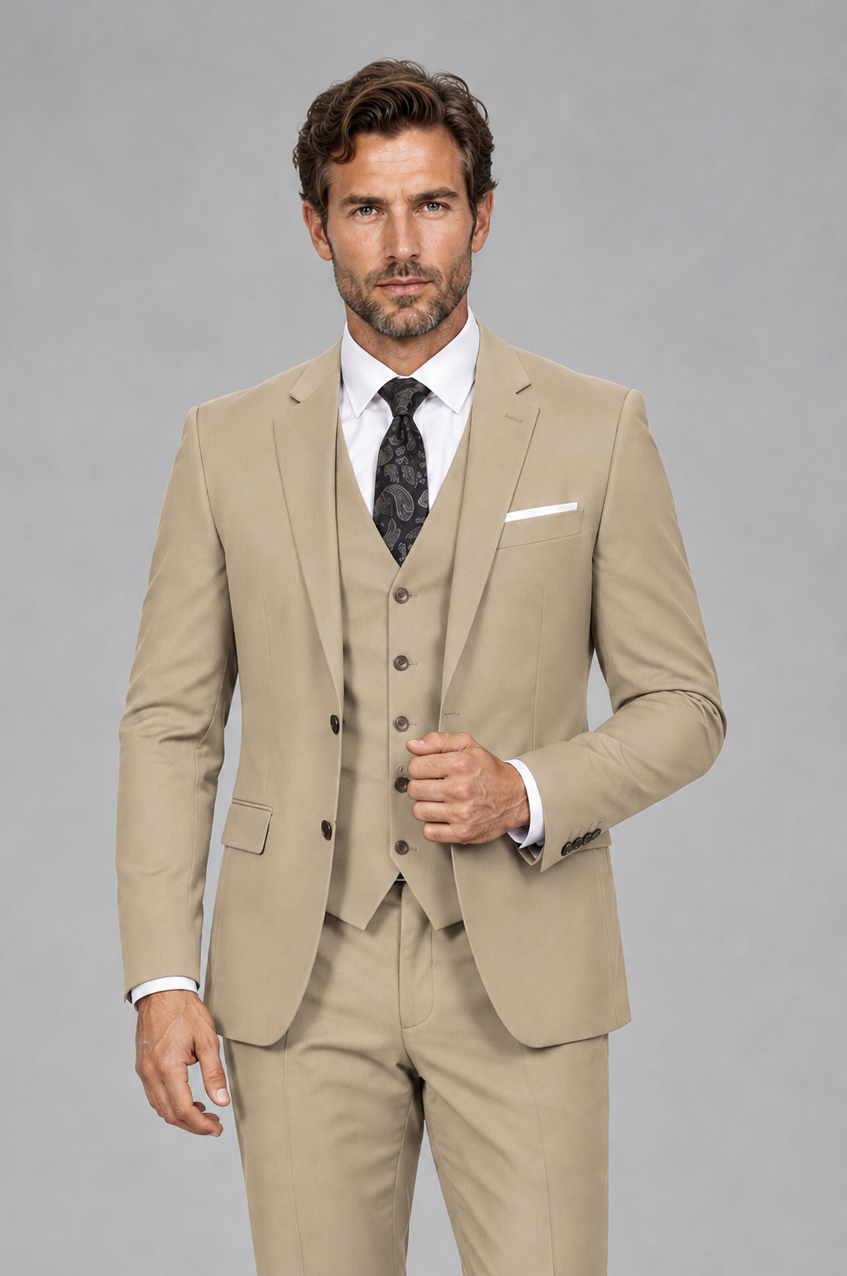 Savile Men's Champagne 3-Piece Suit Set – Notch Lapel Blazer, Vest & Trousers - Champagne - Champagne_1