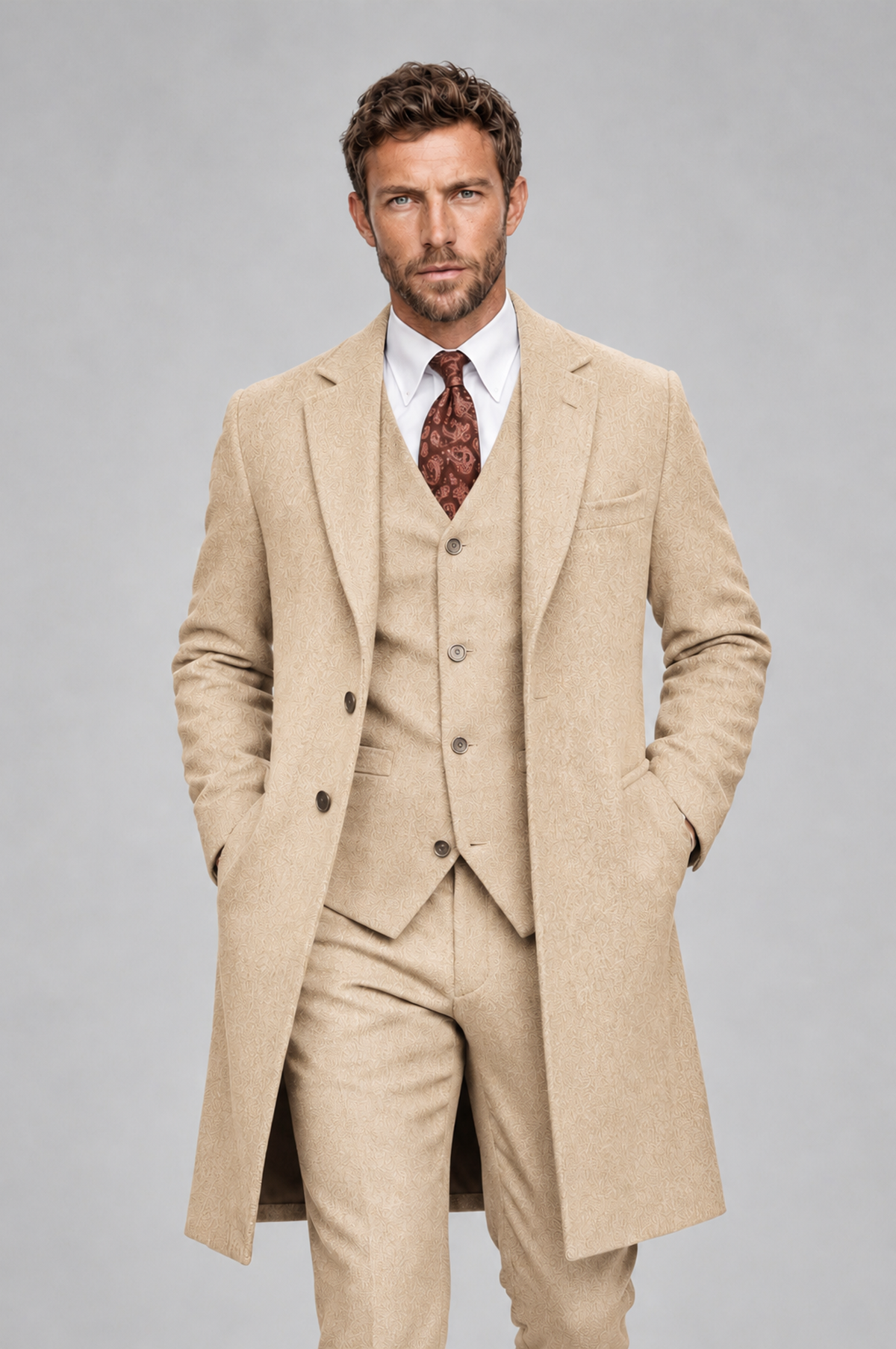 Savile Men's Champagne Grey 3-Piece Overcoat Suit Set – Notch Lapel Long Coat, Vest & Trousers - Champagne - Champagne_1