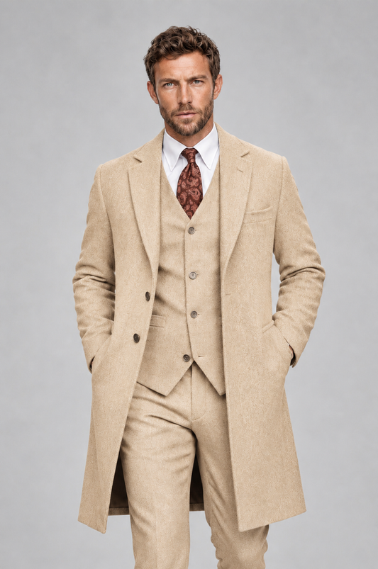 Savile Men's Champagne Grey 3-Piece Overcoat Suit Set – Notch Lapel Long Coat, Vest & Trousers - Champagne - Champagne_1