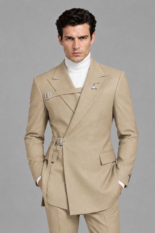 Savile Men's Champagne Double Buckle Wrap Belted 2-Piece Suit Set – Peak Lapel Slim-Fit Jacket & Trousers - Champagne - Champagne_1