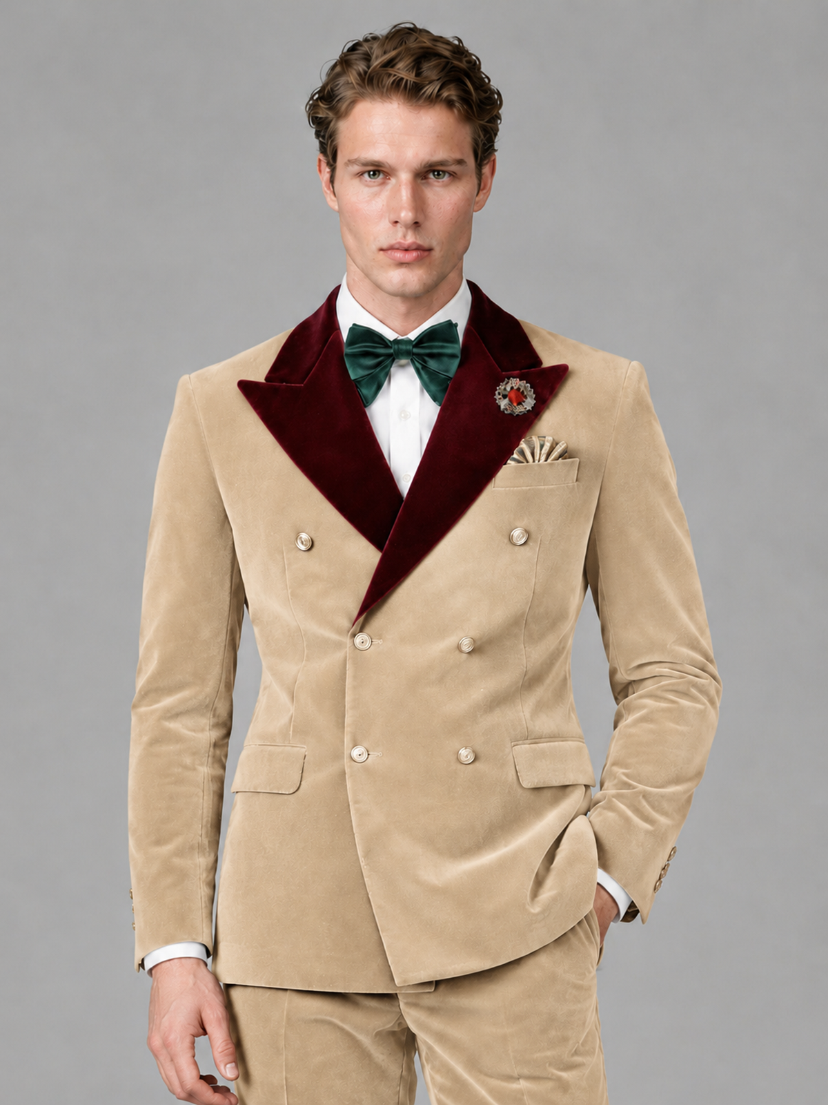 Savile Men's Champagne Velvet Double-Breasted 2-Piece Tuxedo Suit with Burgundy Peak Lapel - Champagne