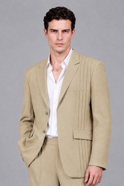 Savile Men's Champagne Pleated 2-Piece Suit Set | Notch Lapel Blazer & Tailored Trousers - Champagne - Champagne_1
