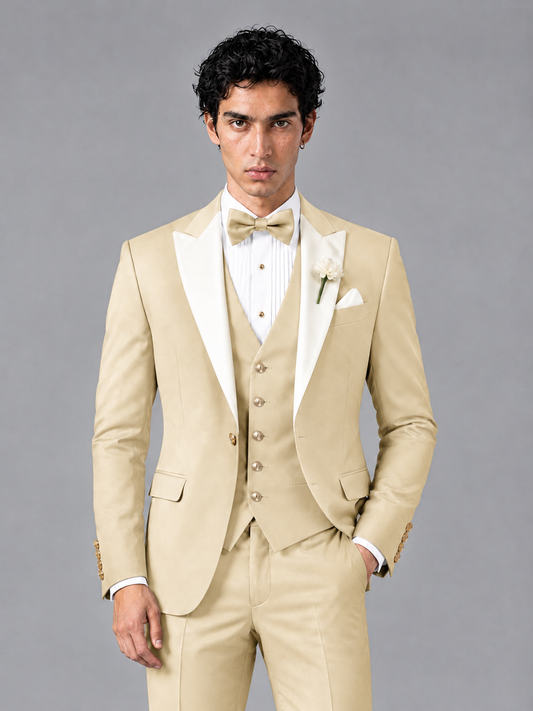 Savile Men's Champagne Contrast White Peak Lapel 3-Piece Tuxedo Suit - Champagne