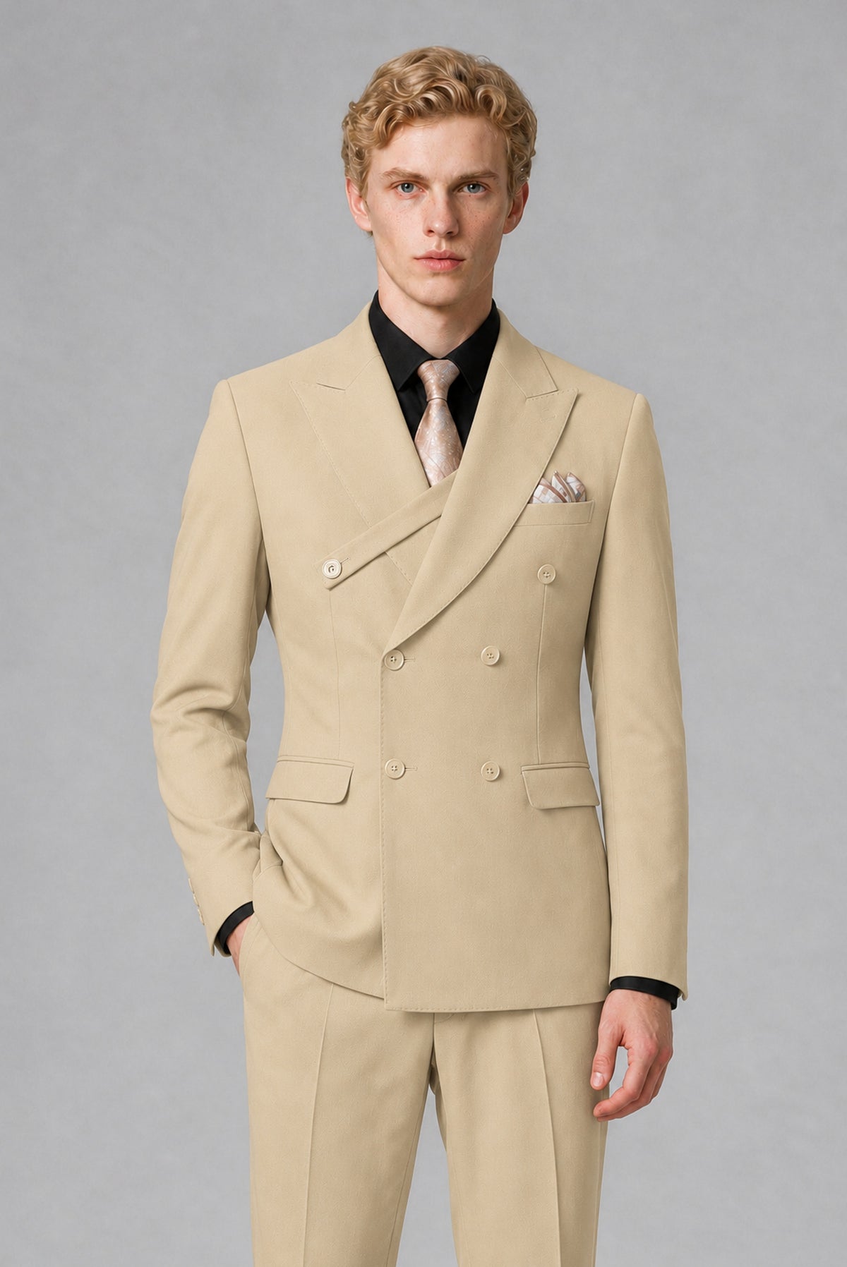 Savile Men's Champagne Double-Breasted Two-Piece Suit - Champagne