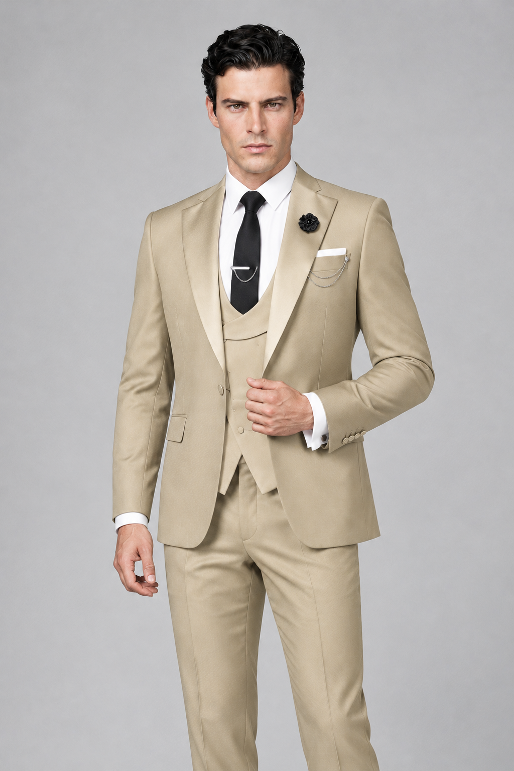 Savile Men's Champagne 3-Piece Tuxedo Suit – Contrast Silver Peak Lapel & Grey Vest Formal Set - Champagne - Champagne_1