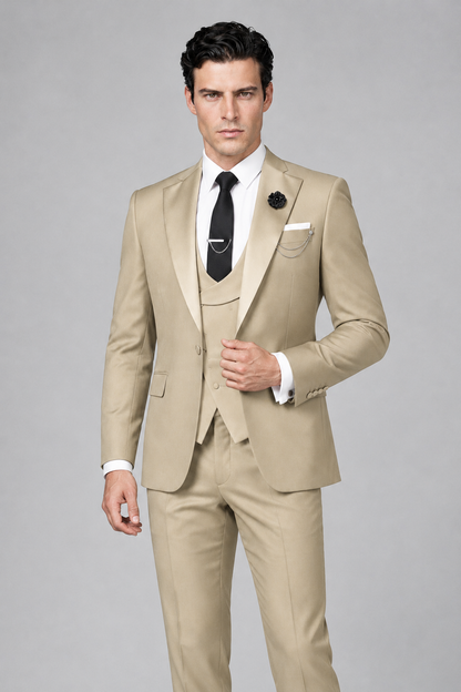 Savile Men's Champagne 3-Piece Tuxedo Suit – Contrast Silver Peak Lapel & Grey Vest Formal Set - Champagne - Champagne_1