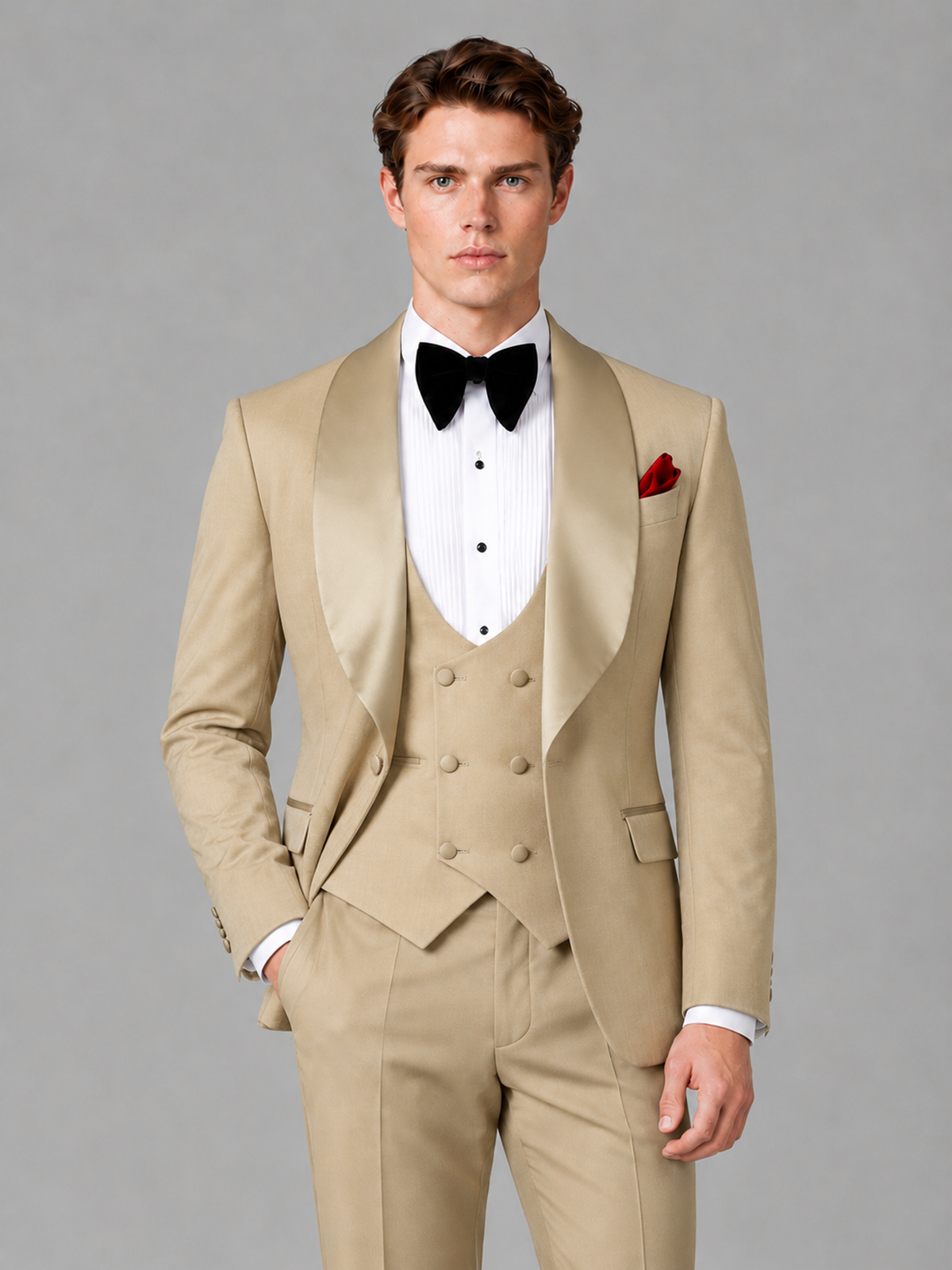 Savile Men's Champagne Houndstooth Shawl Lapel 3-Piece Tuxedo Suit Set – Jacket, Vest & Trousers - Champagne