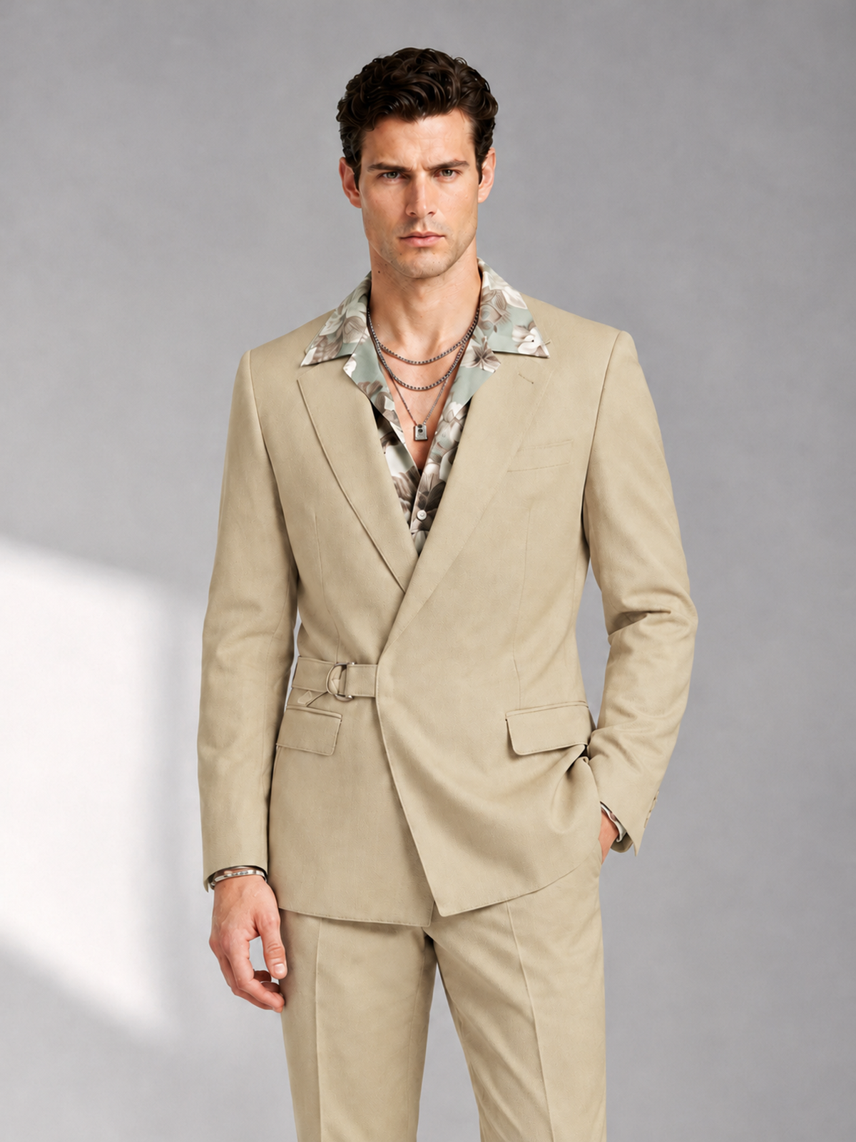 Savile Men's Champagne Belted Wrap 2-Piece Suit – Peak Lapel Blazer & Tailored Trousers - SUC060 - Champagne - Champagne_1