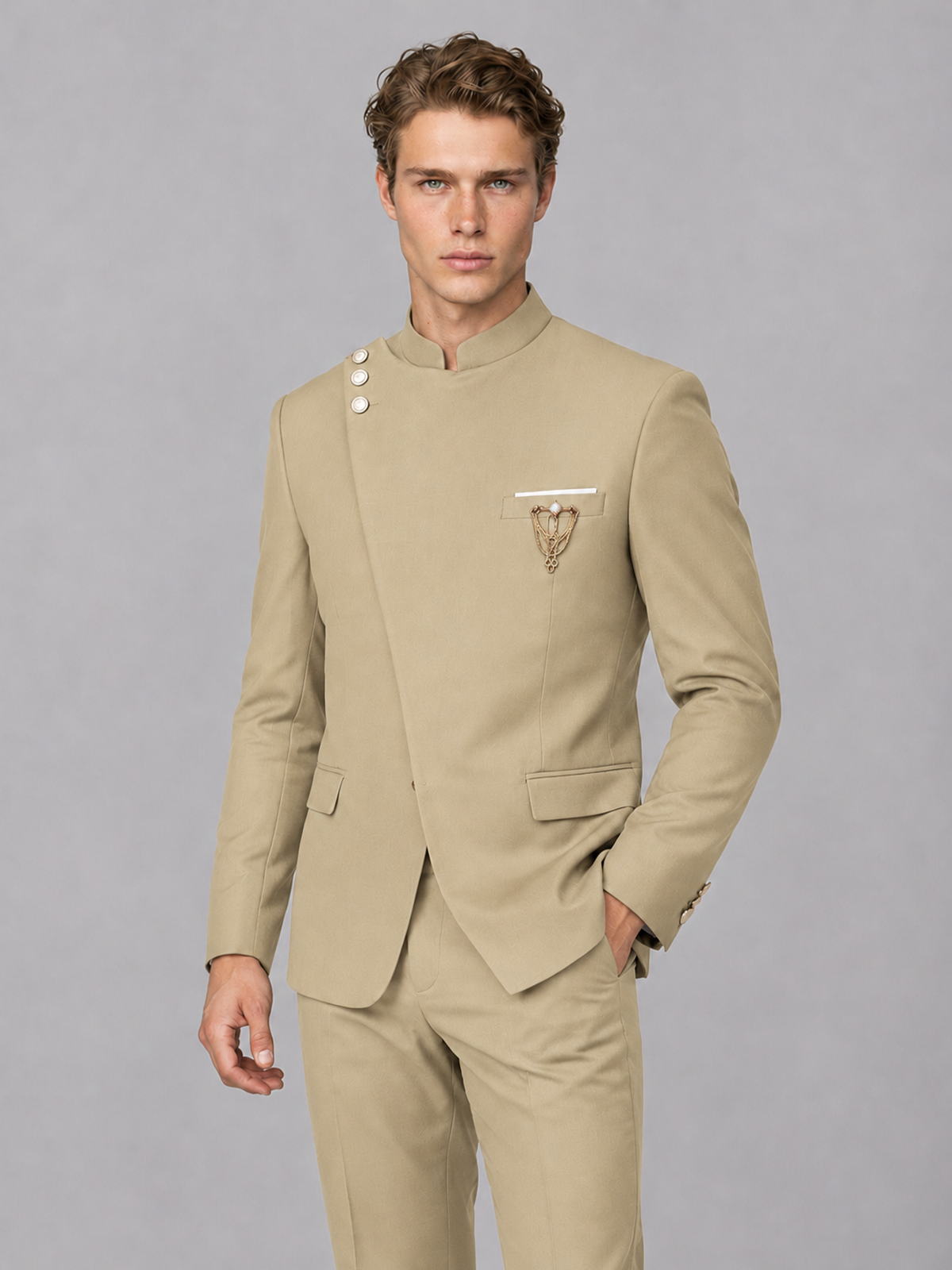 Savile Men's Champagne Mandarin Collar Asymmetrical 2-Piece Suit Set – Modern Jacket & Trousers - Champagne - Champagne_1