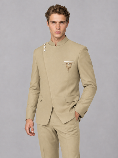 Savile Men's Champagne Mandarin Collar Asymmetrical 2-Piece Suit Set – Modern Jacket & Trousers - Champagne - Champagne_1