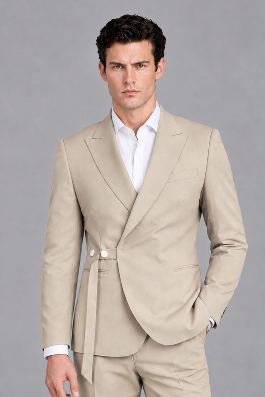 Savile Men's Modern Champagne 2-Piece Wrap Suit Set – Peak Lapel Side-Button Blazer & Tailored Trousers - Champagne - Champagne_1