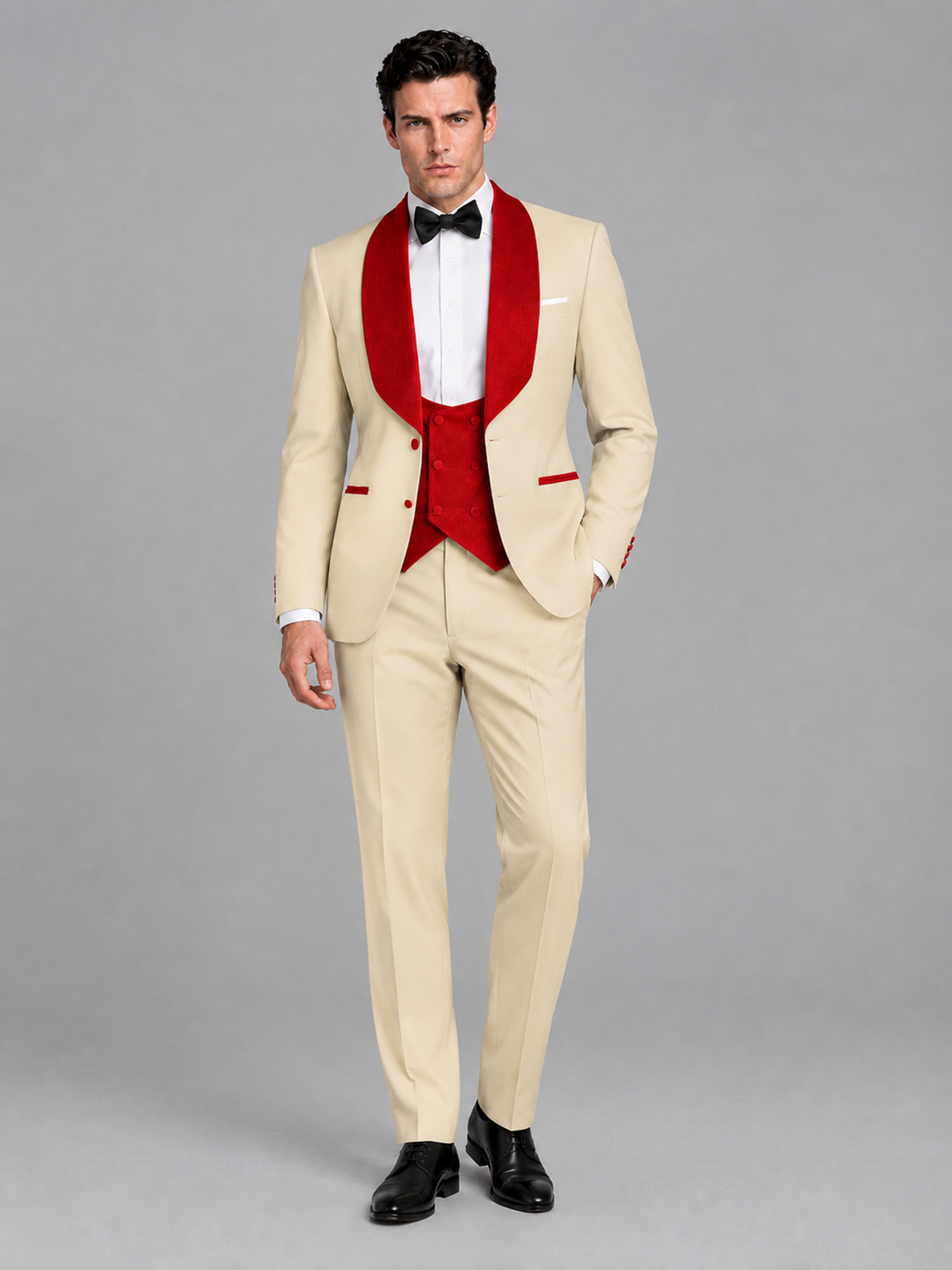 Savile Men's Champagne 3-Piece Tuxedo Suit Set – Contrast Red Shawl Lapel Blazer, Red Waistcoat & Trousers - SUC020 - Champagne