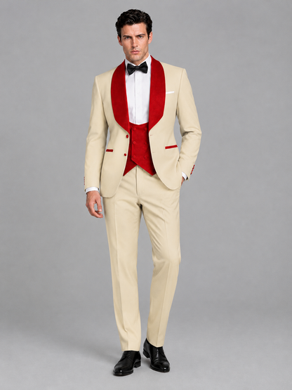 Savile Men's Champagne 3-Piece Tuxedo Suit Set – Contrast Red Shawl Lapel Blazer, Red Waistcoat & Trousers - SUC020 - Champagne