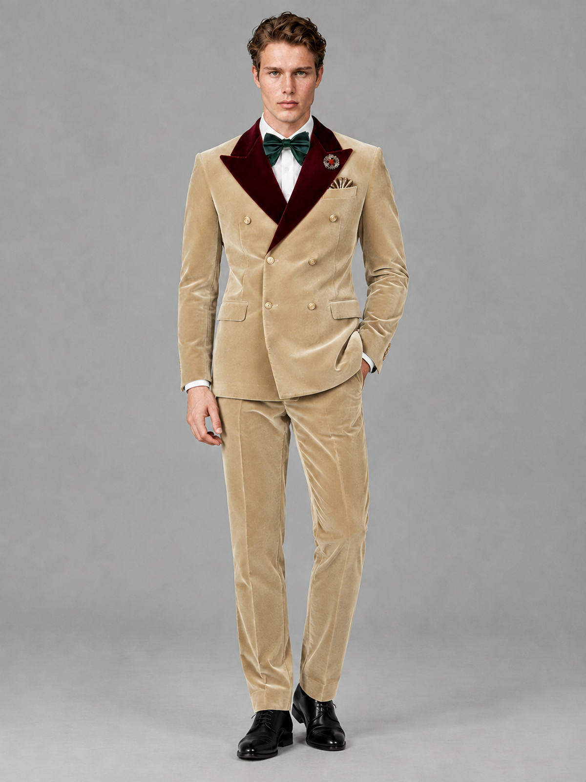 Savile Men's Champagne Velvet Double-Breasted 2-Piece Tuxedo Suit with Burgundy Peak Lapel - Champagne