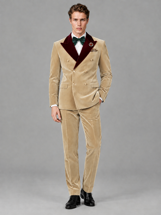 Savile Men's Champagne Velvet Double-Breasted 2-Piece Tuxedo Suit with Burgundy Peak Lapel - Champagne